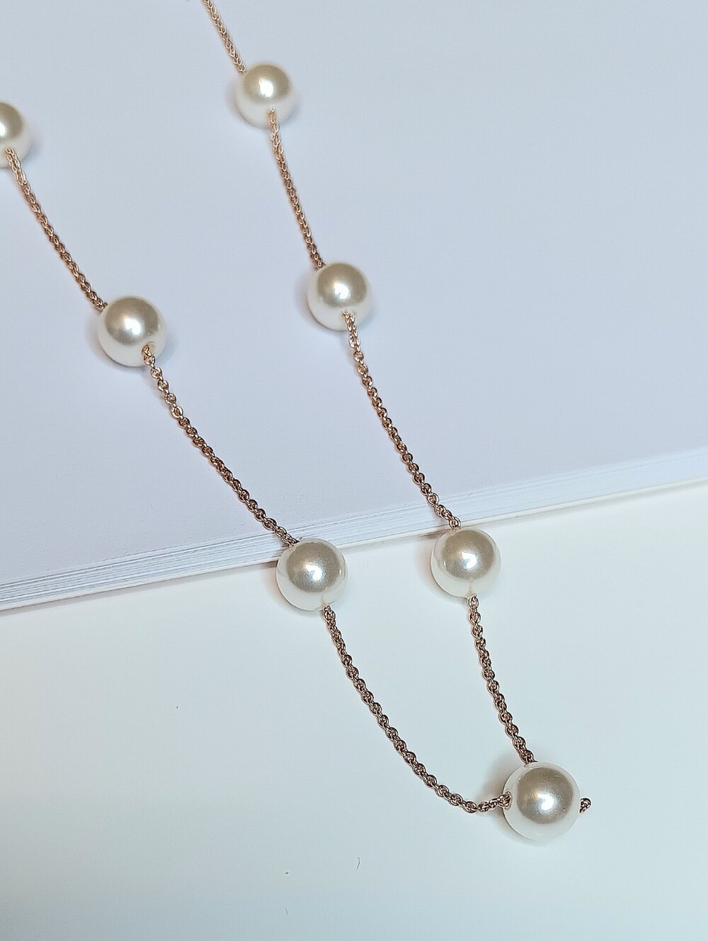 Pearl Station Rose Gold Chain Necklace - White Pearls